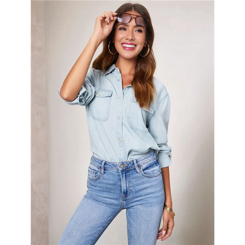 【SEE】Women Button Down Denim Shirts Casual Long Sleeve V Neck Chambray Blouse Top