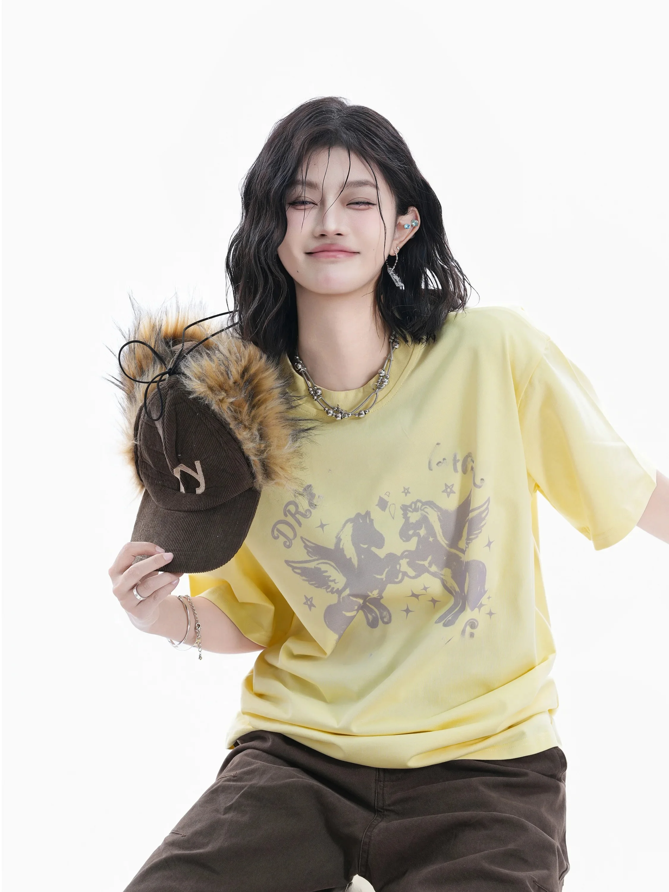 

Loose Fit Cotton Short Sleeve T-Shirt Women's Retro Design Couple's Small Ball American Pegasus Print Casual round Neck Top