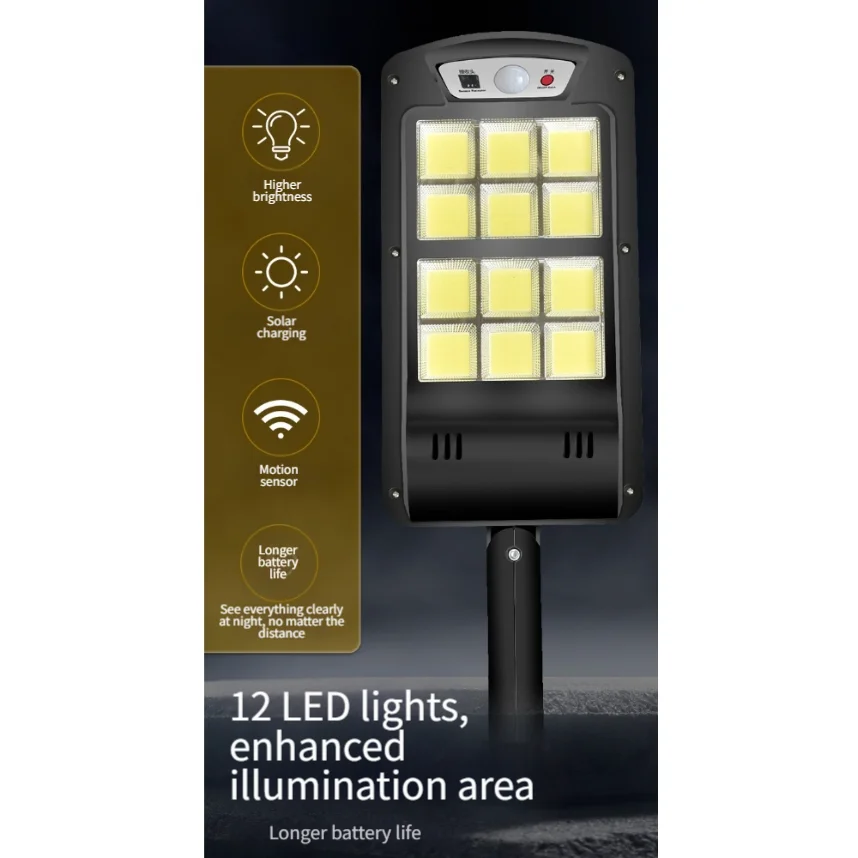 240 COB Solar Street Light with Automatic Motion Detection Remote On Off Switch and Wide 12-Sided Illumination