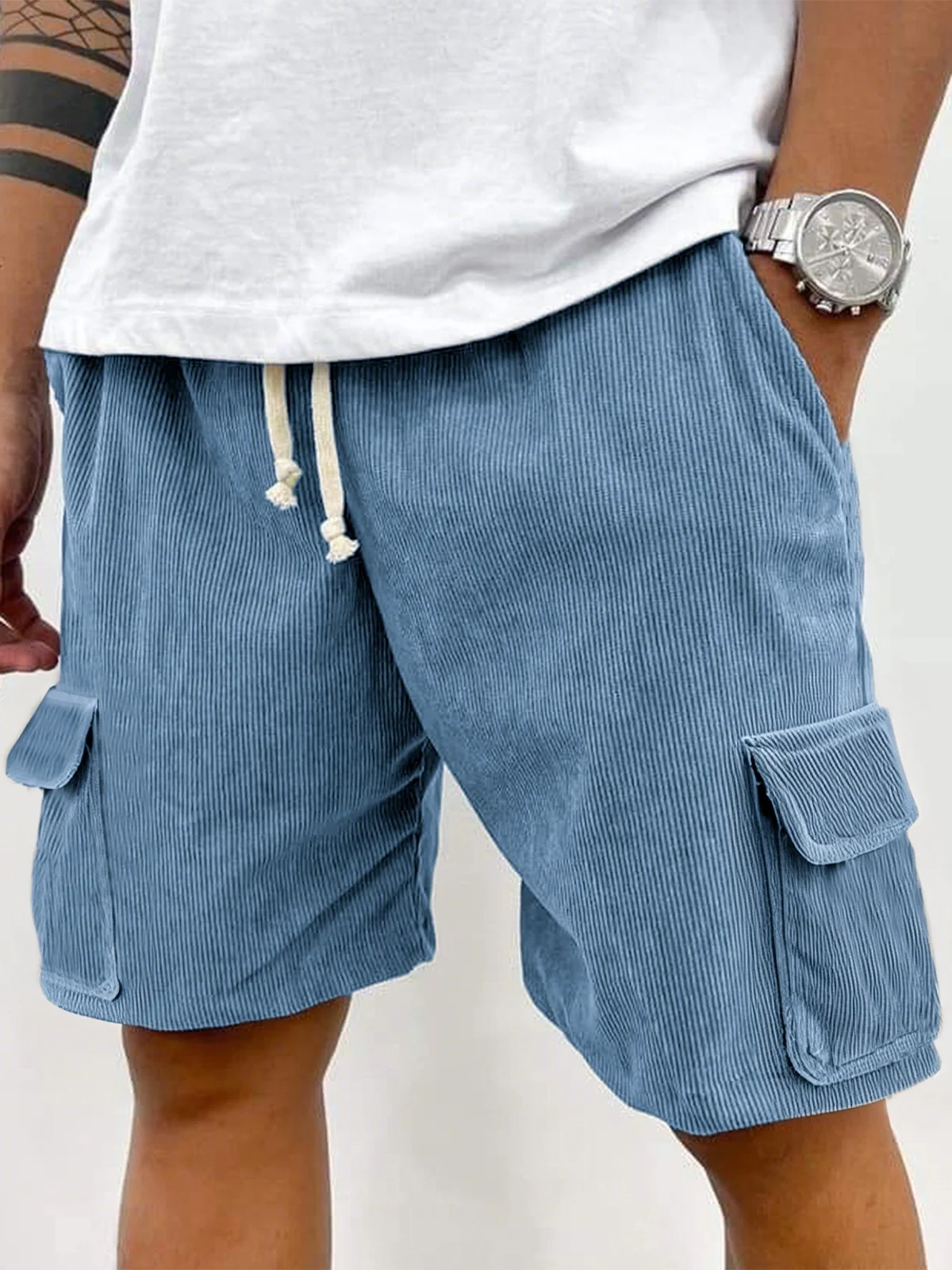 Summer new solid color lace-up sweatpants corduroy simple quarter shorts men's shorts casual pants