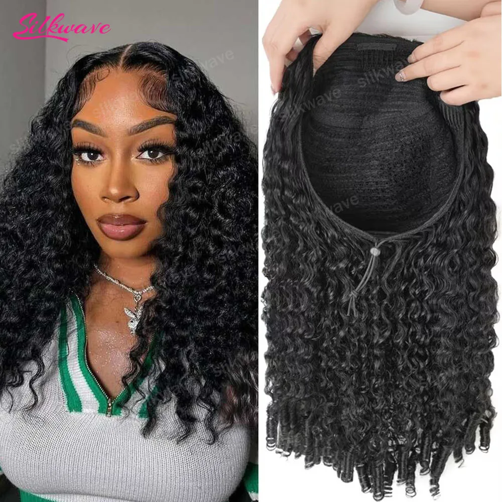 

Burmese Curly Human Hair Half Wig 3-in-1 Glueless Natural Black Spiral Ends With Drawstring Half Wigs for Beginners Wear And Go