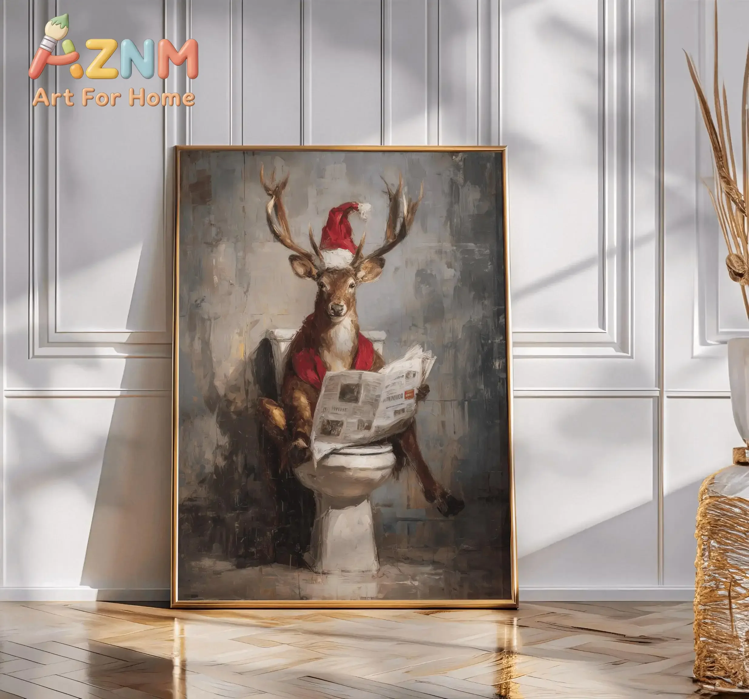 Funny Reindeer Santa Toilet Canvas Poster Unframed Humour Bathroom Christmas Poster Funny Toilet Poster for Bathroom Decoration