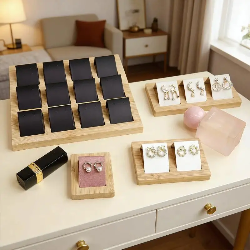 Bamboo Wood Earrings Display Stand DIY Velvet PU Leather Jewelry Storage Tray for Window Counter Props Show