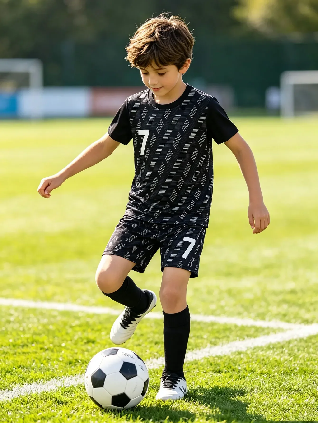 Eco-Friendly Kids Soccer Jersey Set Short Sleeve Black/Grey Geometric Print Custom Name/Number for Boys Ages 3-13