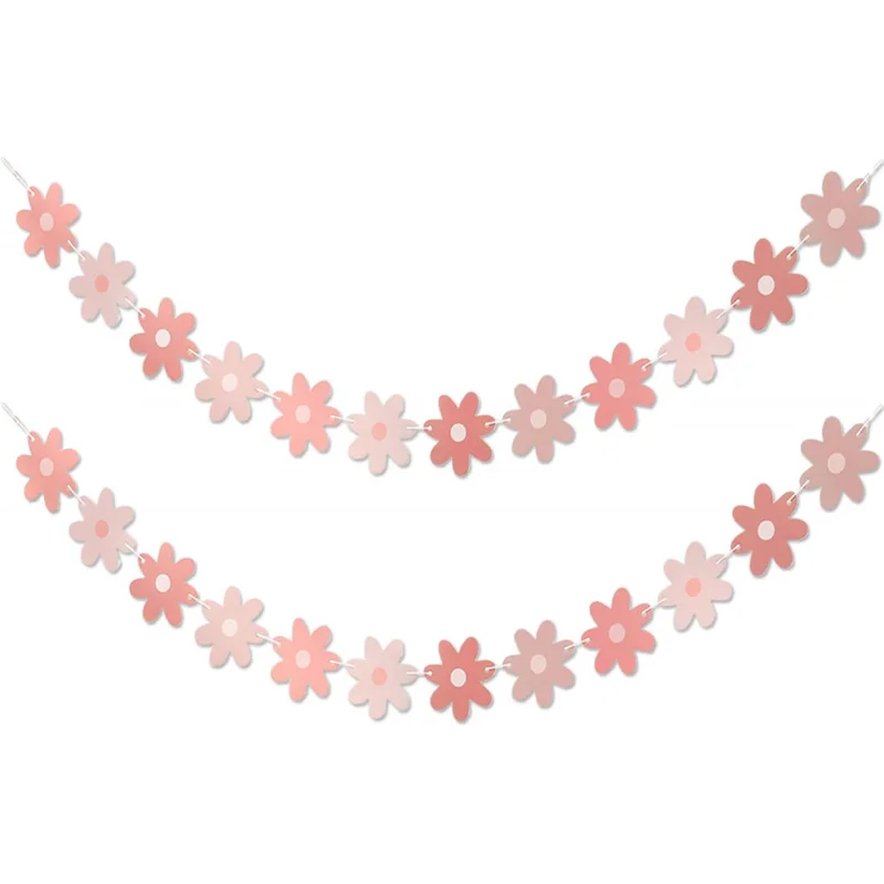 Pink Daisy Party Decor - Groovy Boho Decor Party Garland แบนเนอร์ - ฤดูใบไม้ผลิ Daisy ดอกไม้ Cutouts Bunting ธงแบนเนอร์