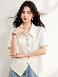 Women Short Sleeve Blouse 2024 Summer New Retro Casual Shirt Tops Fashion Elegant Button Up Shirts