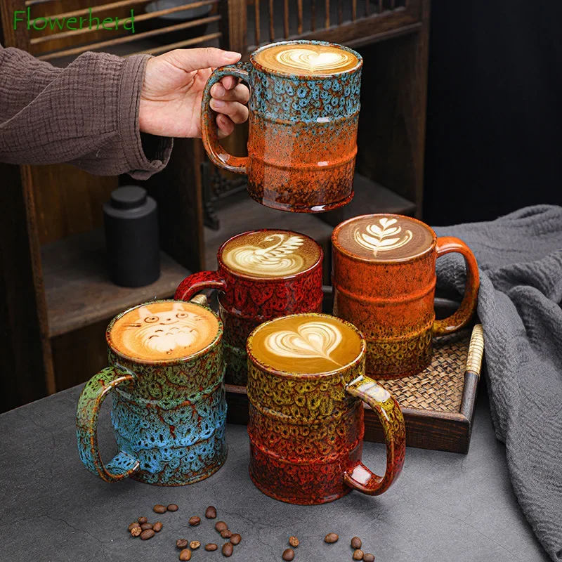 

600ML Creative Oil Barrel Porcelain Mug Kiln Change Beer Mugs Coffee Cups Ceramic Large-capacity Durable Personal Water Tea Cup