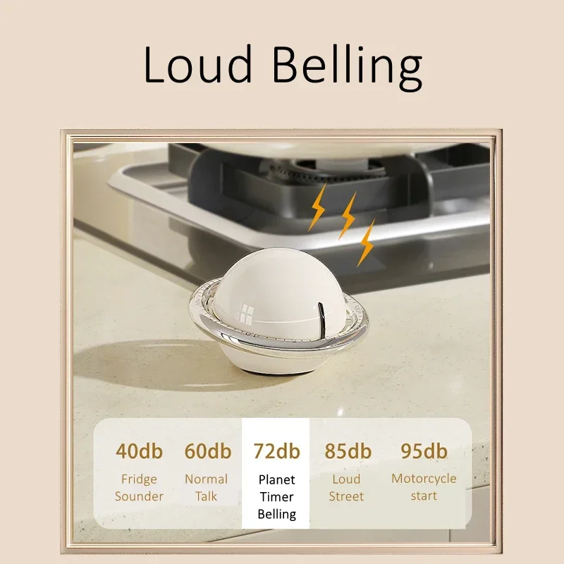 Round Cooking Clock 60min Kitchen Alarm 72db Loud Belling Mechanical Power Planet Timer 85mm Diameter Megnetic Suction Reminder