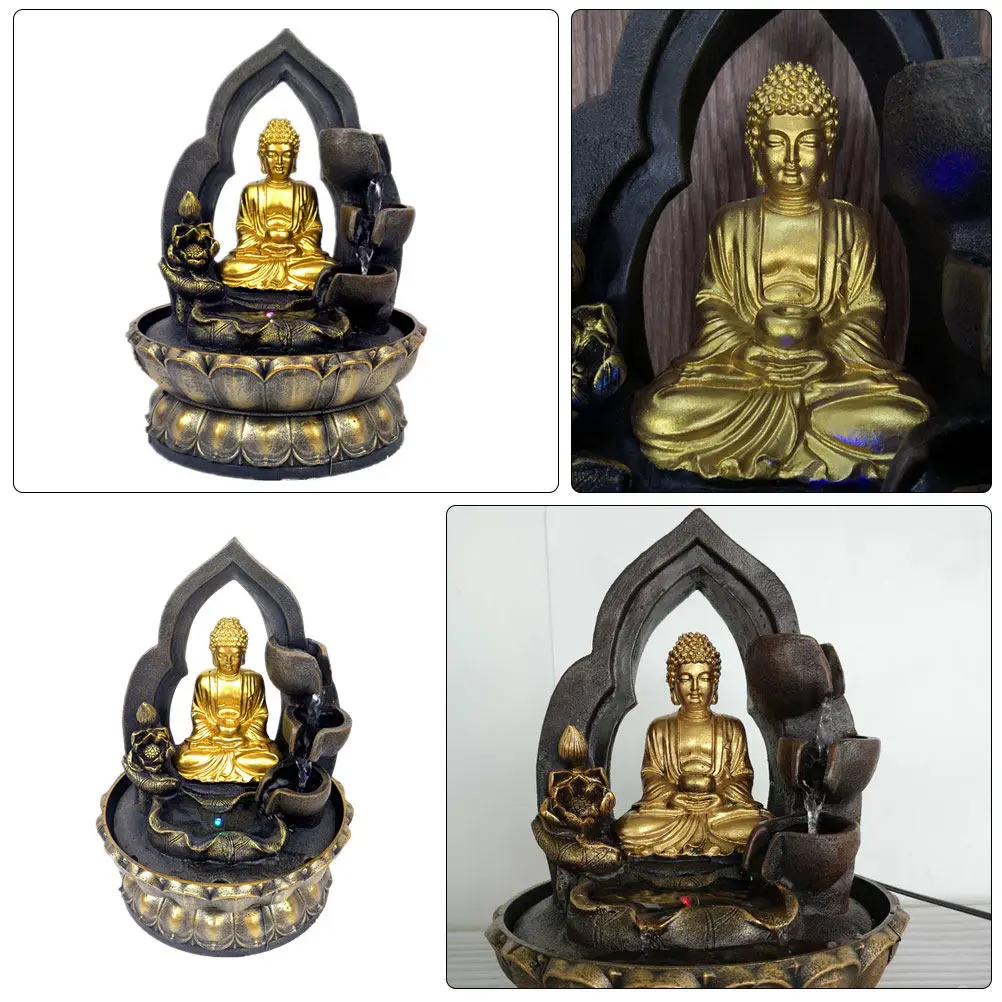 Buddha Waterfall Fountain Resin Desktop Decoration for Office Home Indoor Serenity Mini Tabletop Water Feature LED Light Garden