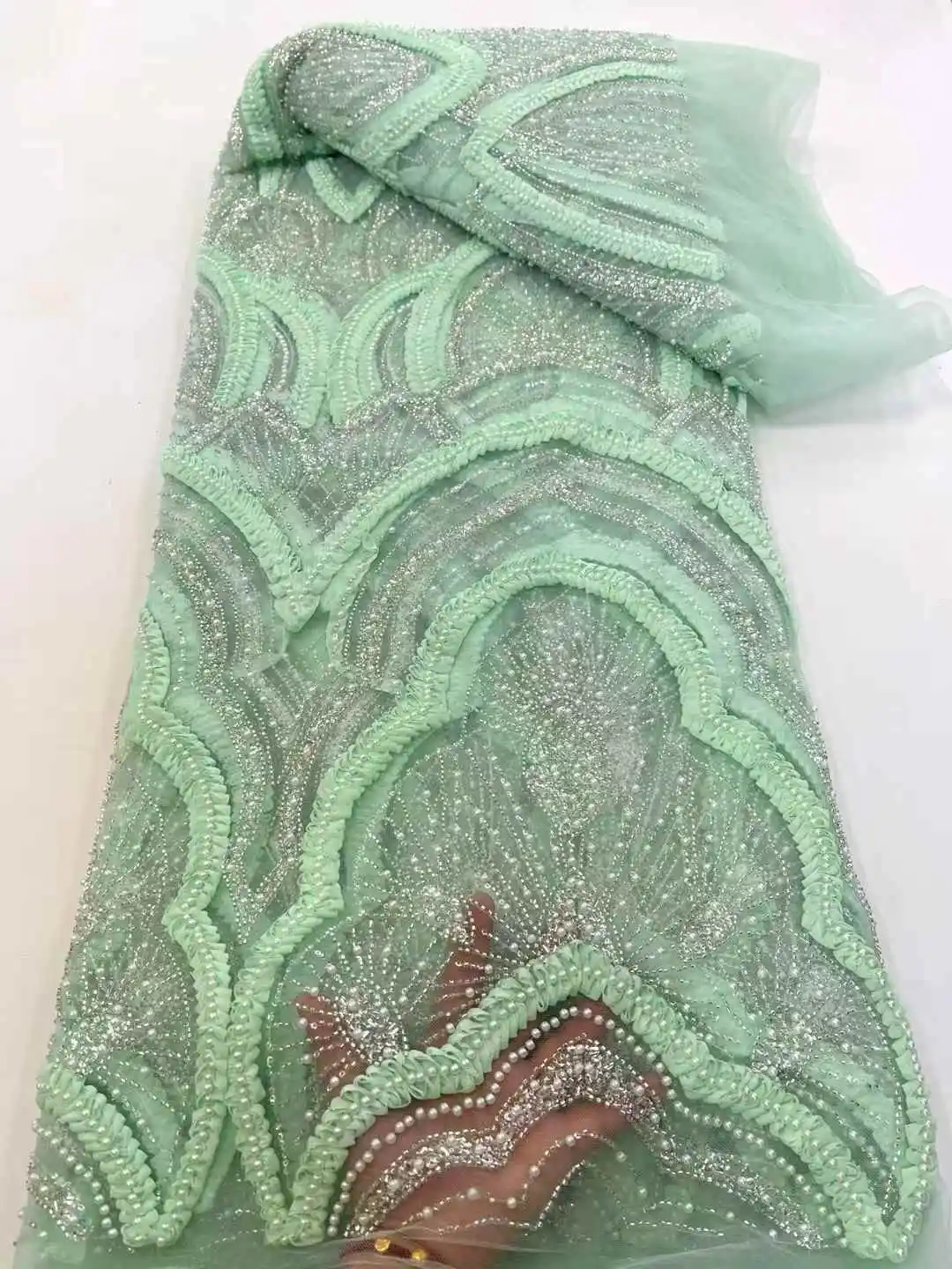 

African Beaded 2025 High Quality Nigerian Sequins With Pearl Lace French Tulle Lace Fabric For Party Dress Sewing