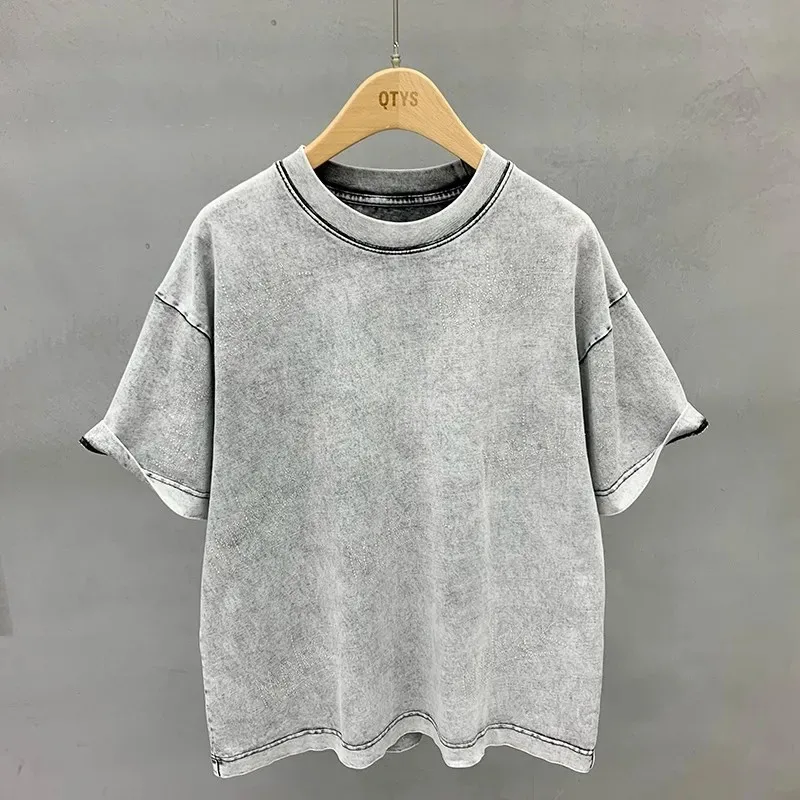 Men's Vintage Washed Grey Oversized T-Shirt with Contrast Stitching Crew Neck Loose Fit Tee
