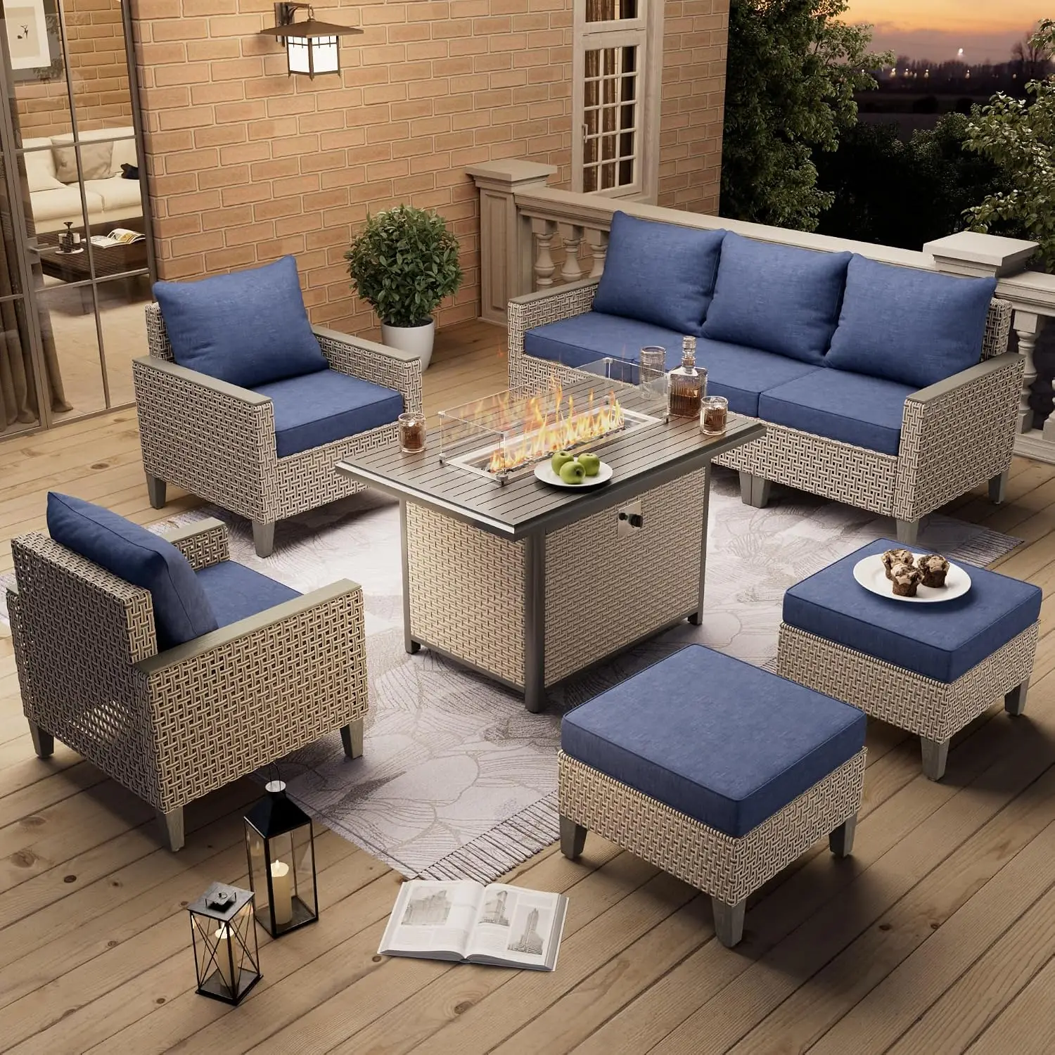 8-Piece Patio Set with Fire Pit & Ottomans Outdoor Sectional Sofa Cushions Modular Wicker Rattan Conversation Navy, Customized