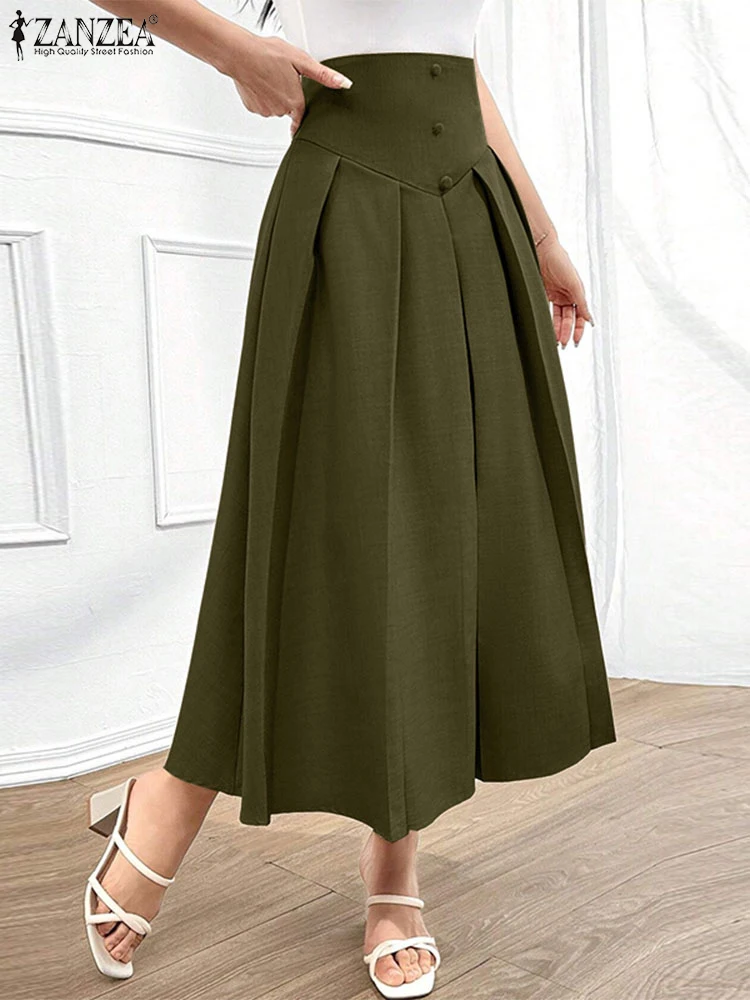 Elegante plissado maxi saias de cintura alta saias de escritório feminino casual solto zíper botões overskirts a linha inferior senhora zanzea 2025
