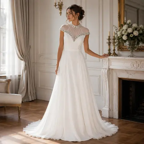 Dress 2026 Vestidos Elegantes White Dress Women Beaded Mesh High Neck Maxi Dress Wedding Guest Dress Traf Abendkleider Hochzeit Vestid