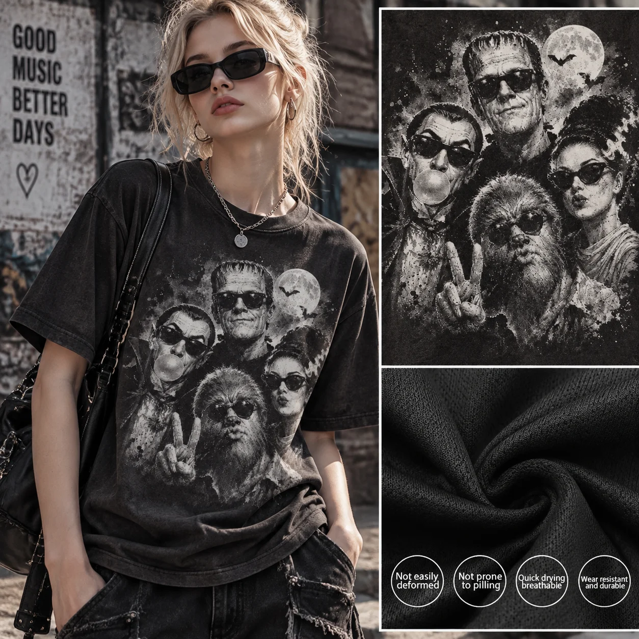 Vintage Halloween Monster Selfie Polyester Tee, Frankenstein Wolfman Dracula Bubblegum Halftone Print, Unisex Tee