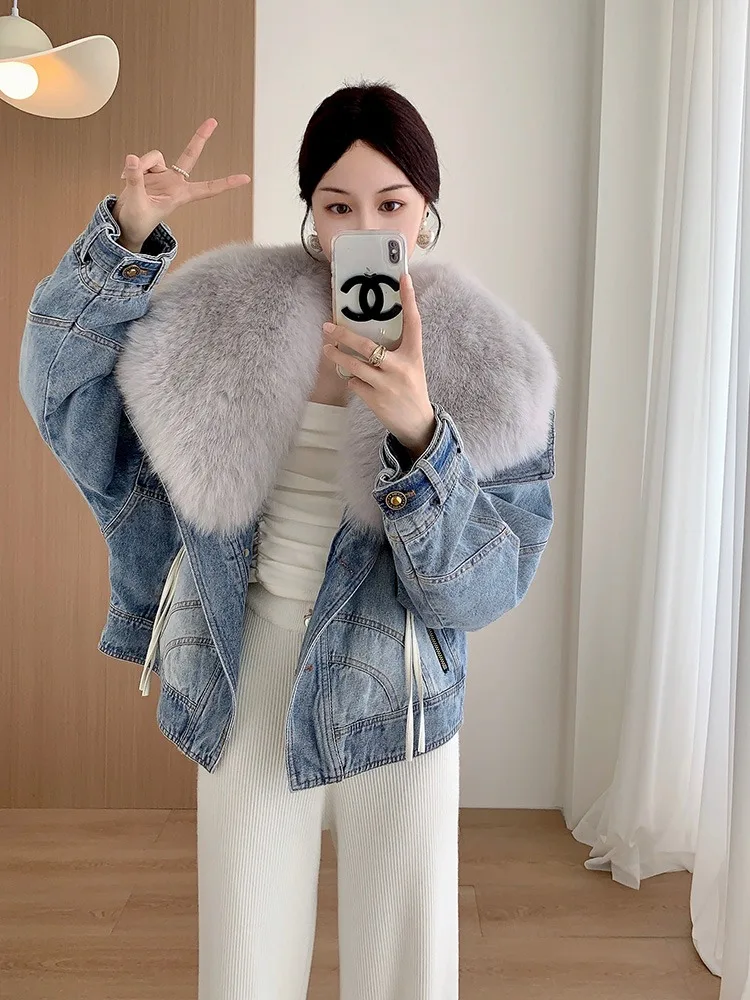 2024 Winter Women\'s Denim White Duck Down Coats With Natural Real Fox Fur Collar Outwear Luxury Female Jacket