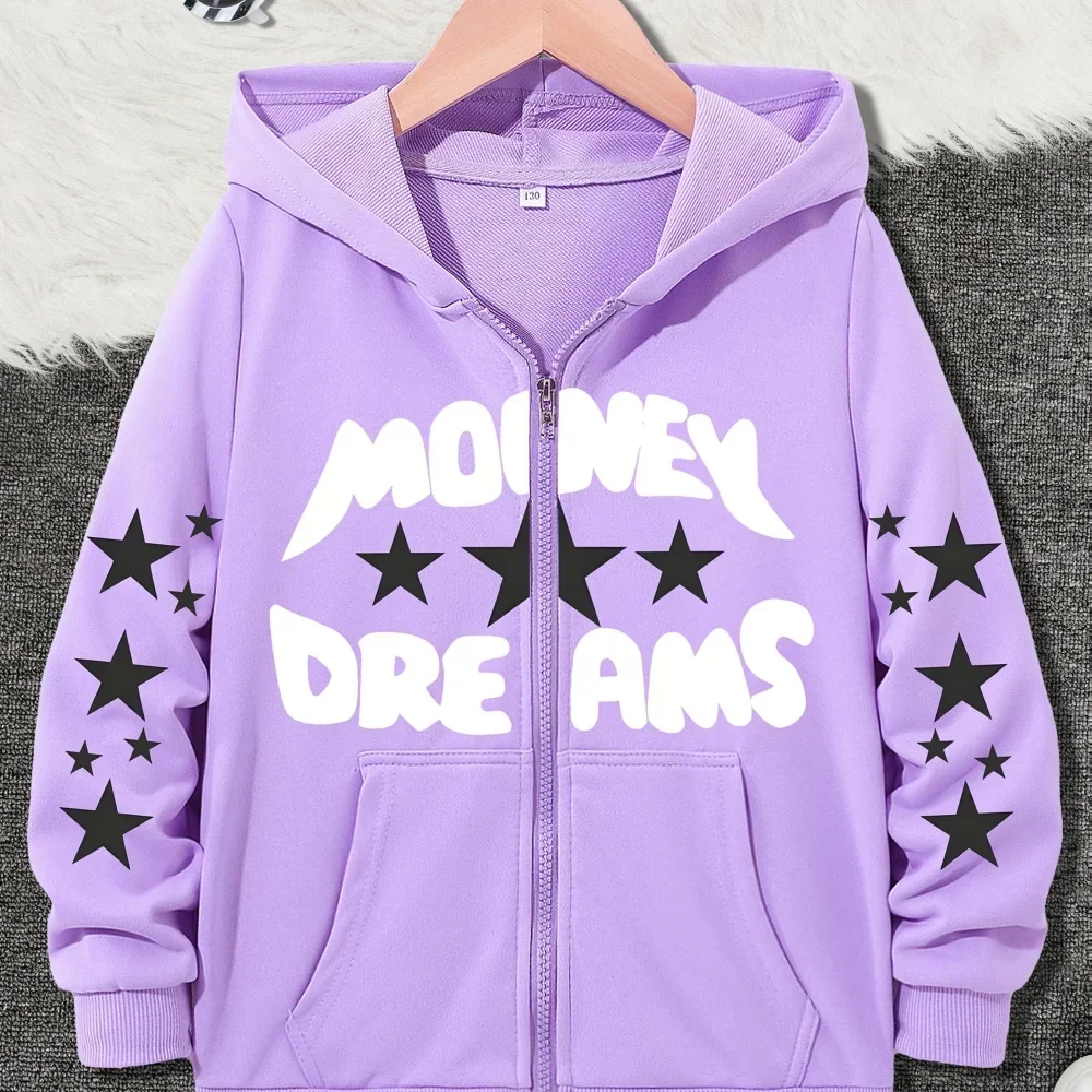 Boys Girls Streetwear Money Dreams Bold Text Star Pattern Printed Zip Hooded Coat Kids Daily Fashion Outerwear