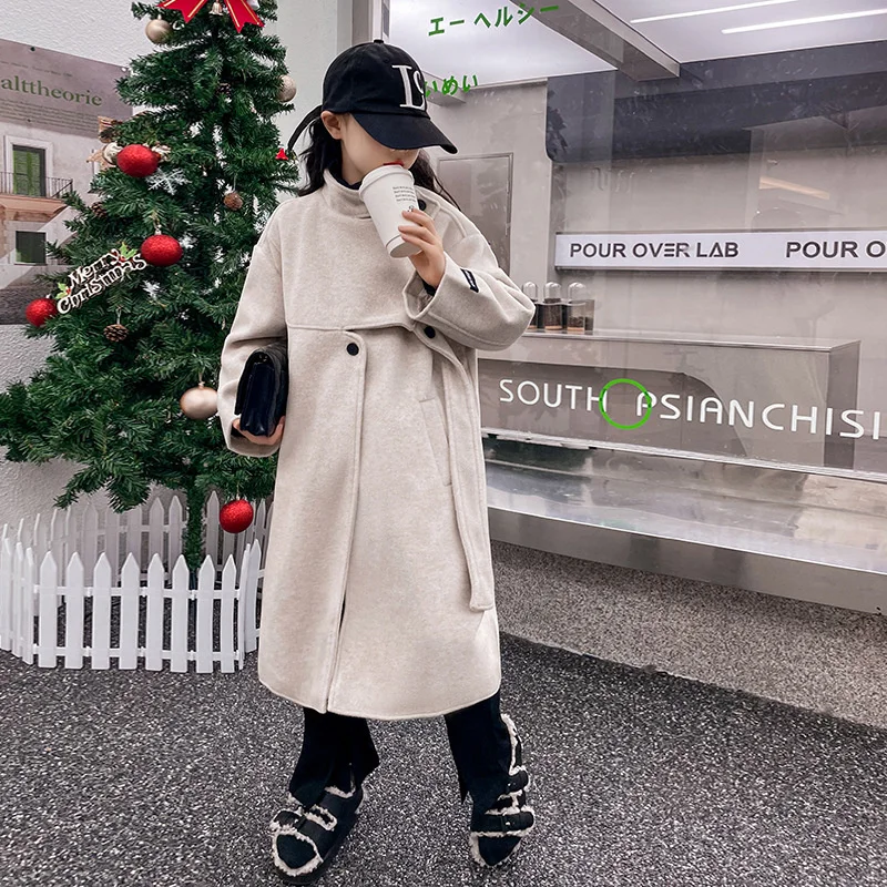 Girls Woolen Coat Jacket Windbreak 2023 Long Warm Thicken Winter Cotton Overcoat Teenagers Children\'s Clothing