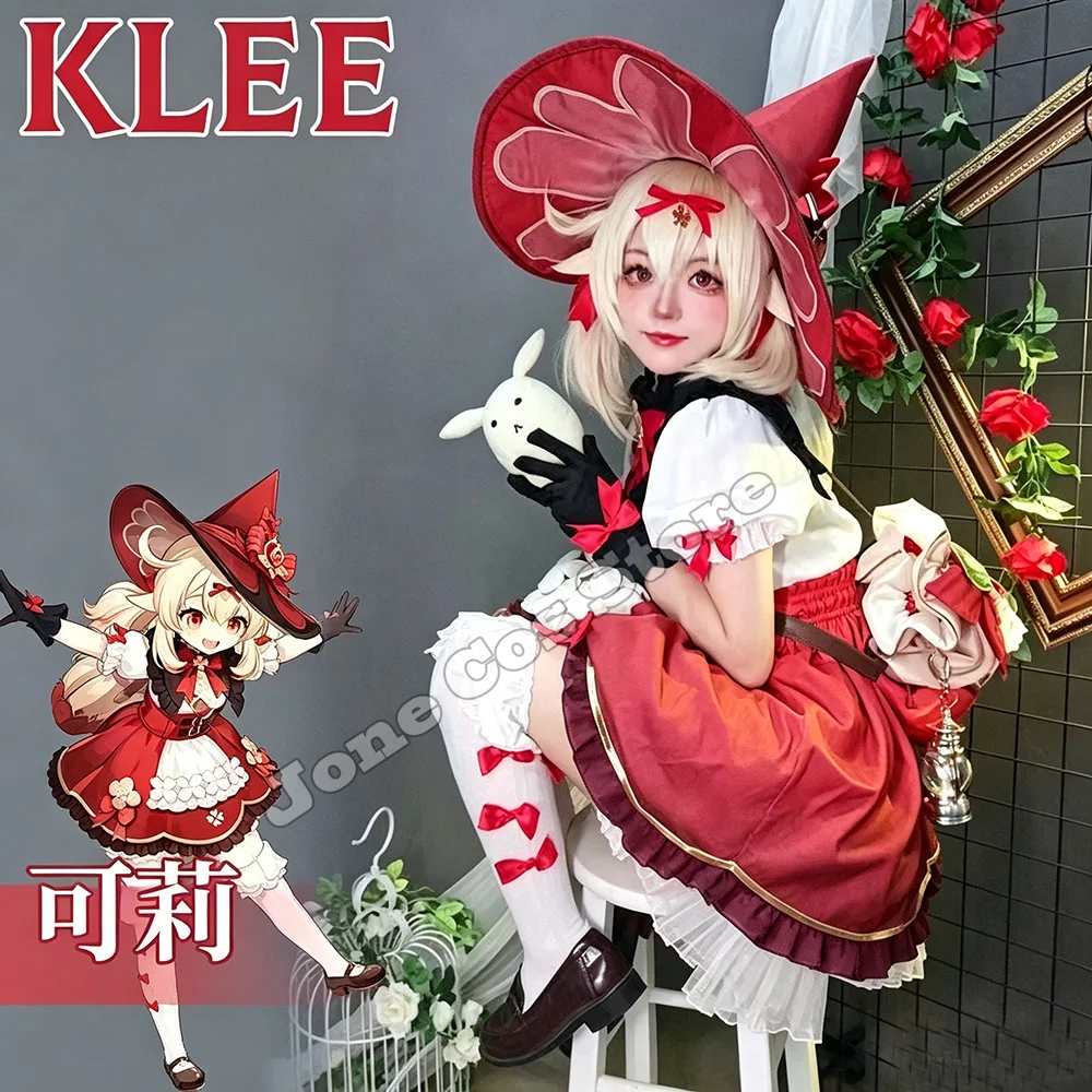 Disfraz de Cosplay de la Bruja Klee del Juego Genshin Impact, Nueva Piel, Traje de Luz Estelar Floreciente, Vestido Lolita, Sombrero, Peluca, Disfraces de Halloween