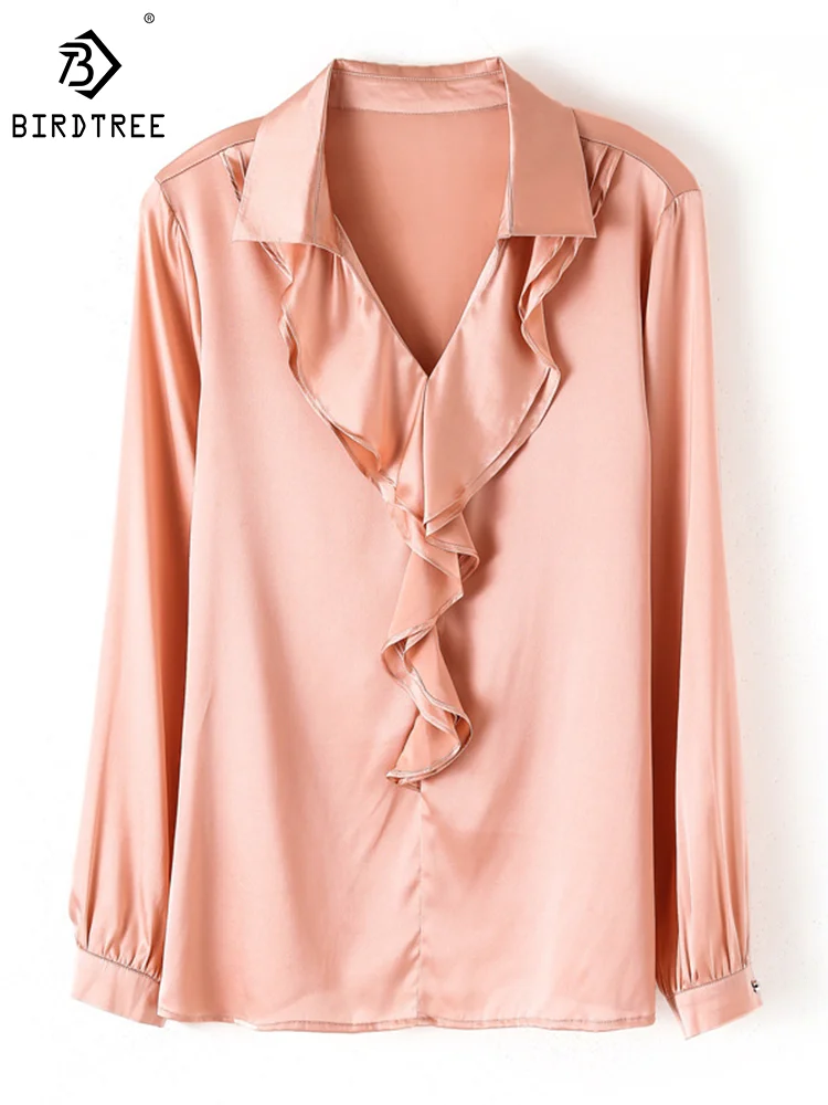 

Birdtree 92%Real Silk Elegant Women Vintage Shirt V-neck Long Sleeve Fashion Woman Blouse Solid Top Spring Summer Shirt T37953QM