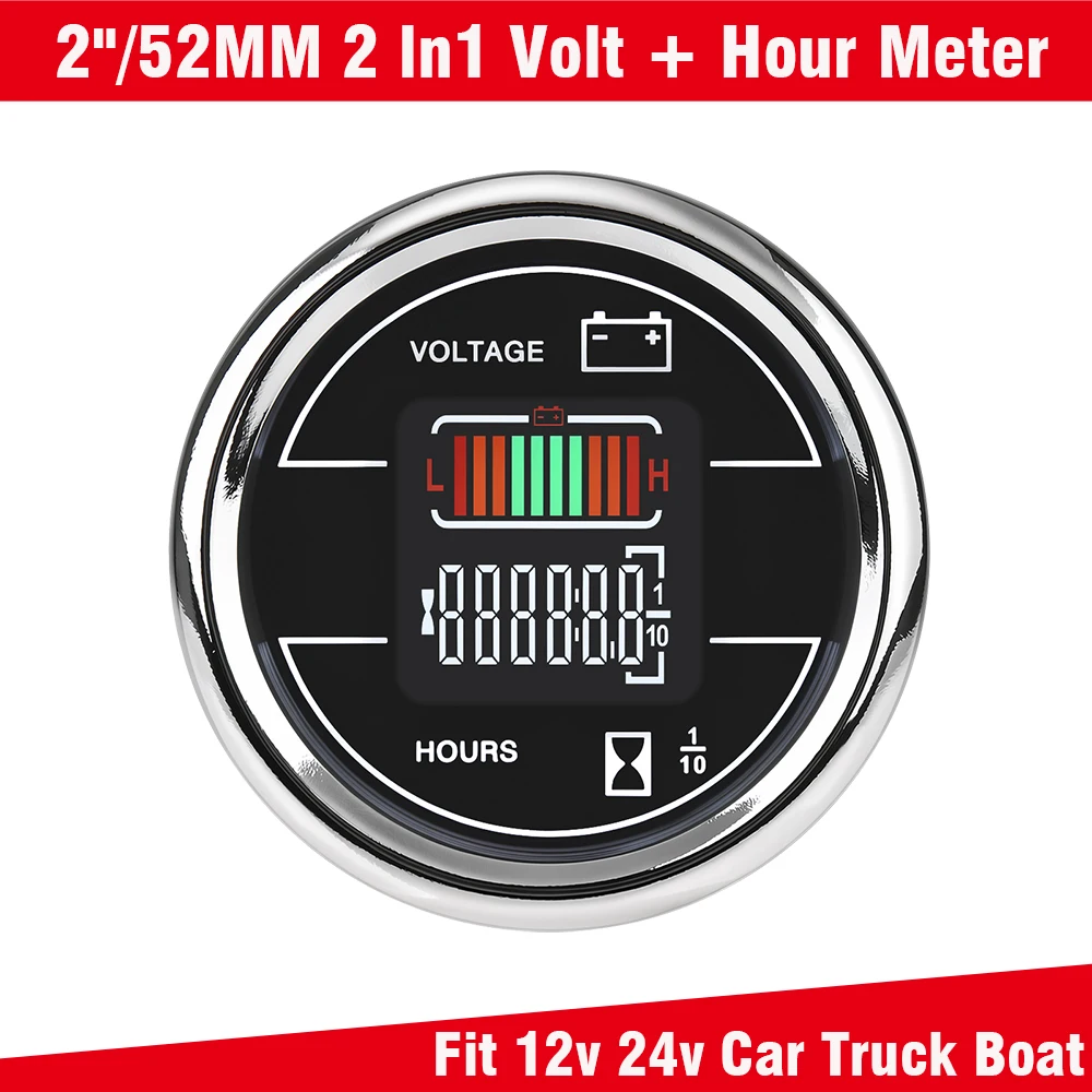 DC 12V24V 52MM Voltmeter Voltage Indicator With Hourmeter 2 in 1 LED Dual Digital Car Boat Battery Voltage Gauge Waterproof IP67