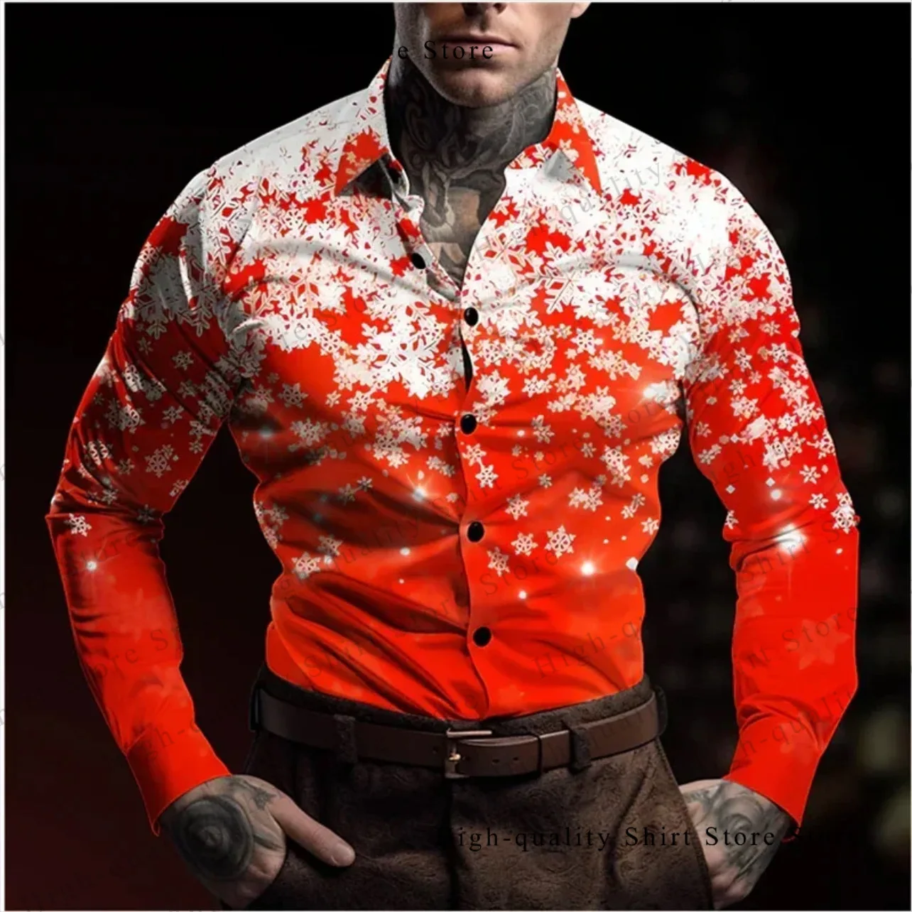 Snowflake Fashion Men's Shirt Christmas Long Sleeve Shirt Hot Selling Men's Clothing Comfortable and Breathable Collar Top