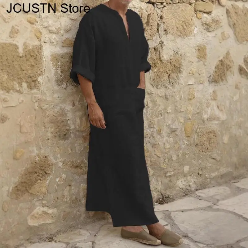 Plus Size Men Solid Color Muslim Robe Retro Arab Islamic Long Dress Casual Cotton Linen Long Kaftan Middle East Islamic Clothing