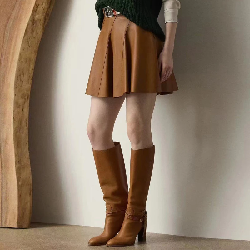 

100% Real Leather Skirts 2025 Fall Women High-waisted Short Umbrella Skirt Fashion High Street Female A-line Sheepskin Skirts