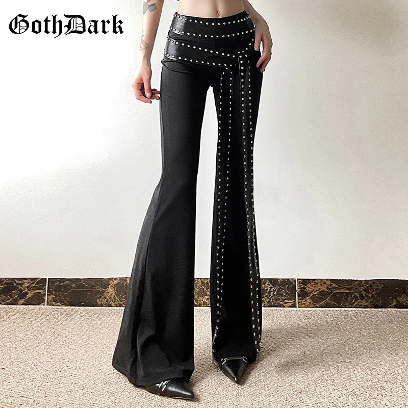 Goth Dark Punk Grunge High Waist Flare Pants Solid Alt Streetwear Women Mall Gothic Casual Trousers With Faux Leather Belts Slim