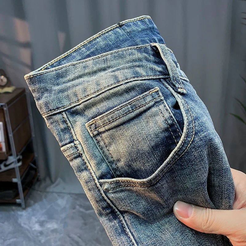 Washed Jeans Men's Spring and Autumn 2024 New Fashion Embroidery Simple Casual All-Match Slim Fit Ankle Tight Trousers