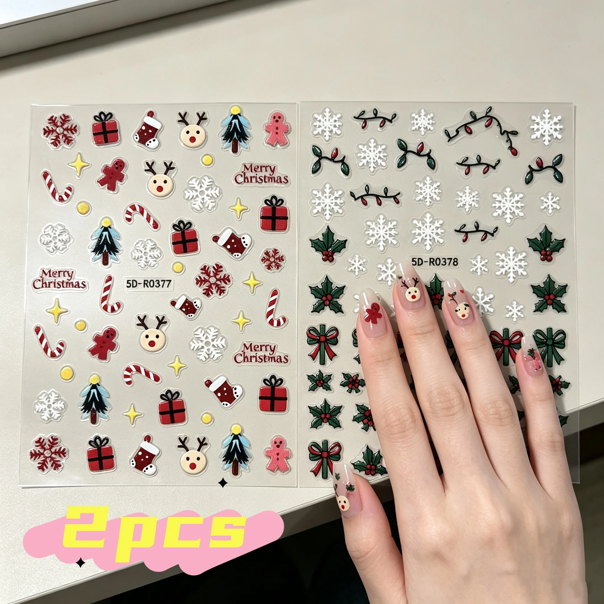 2Pcs 5D Christmas Nail Art Stickers Snowflake Holly Bow Xmas Tree Gingerbread Man Nail Decals Winter Holiday Party DIY Manicure*