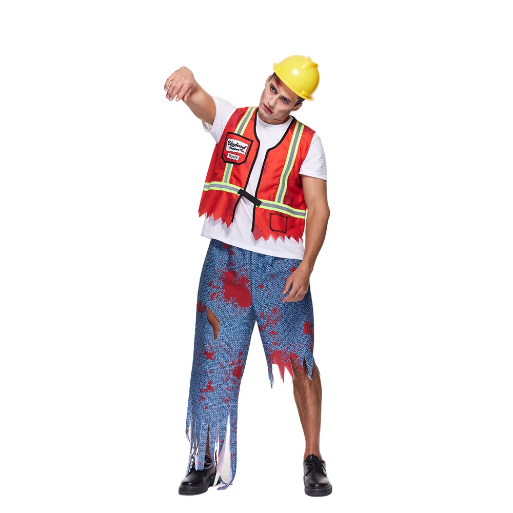 EraSpooky Construction Worker Halloween Traje para Homens, Sangrento Zombie Cosplay, Assustador Builder Outfit, Conjunto de Colete de Construção