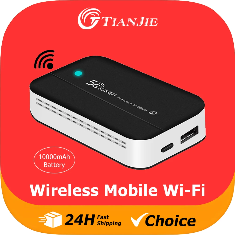 

​​TIANJIE PW100 4G LTE Portable Wifi Hotspot Router with 10000mAh Power Bank,150Mbps High-Speed WiFi,Mobile Wireless Mifi Rout