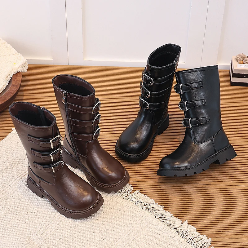 Little Girls Chunky Mid-calf Boots with Buckle Straps 2026 New Winter Kids British Style School Boots Christmas Party Dress Up