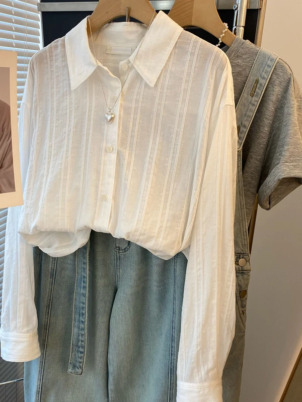 

Cotton Sensation Dongda Gate Simple Subtle Striped Loose Mid-Length White irt Women Full Cotton Blouse Small irt