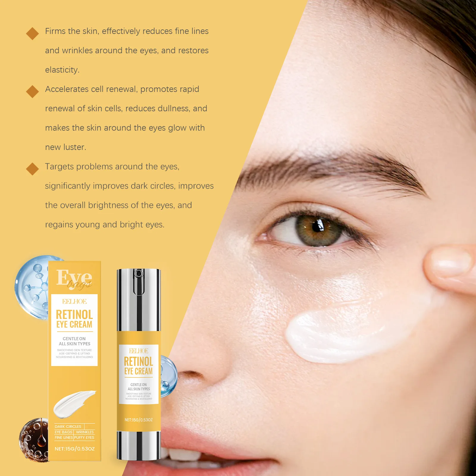 EELHOE Retinol Hydrating Eye Cream 15g, Firming Nourishing Care for Wrinkles Dark Circles, Smoothing Sensitive Eye Area