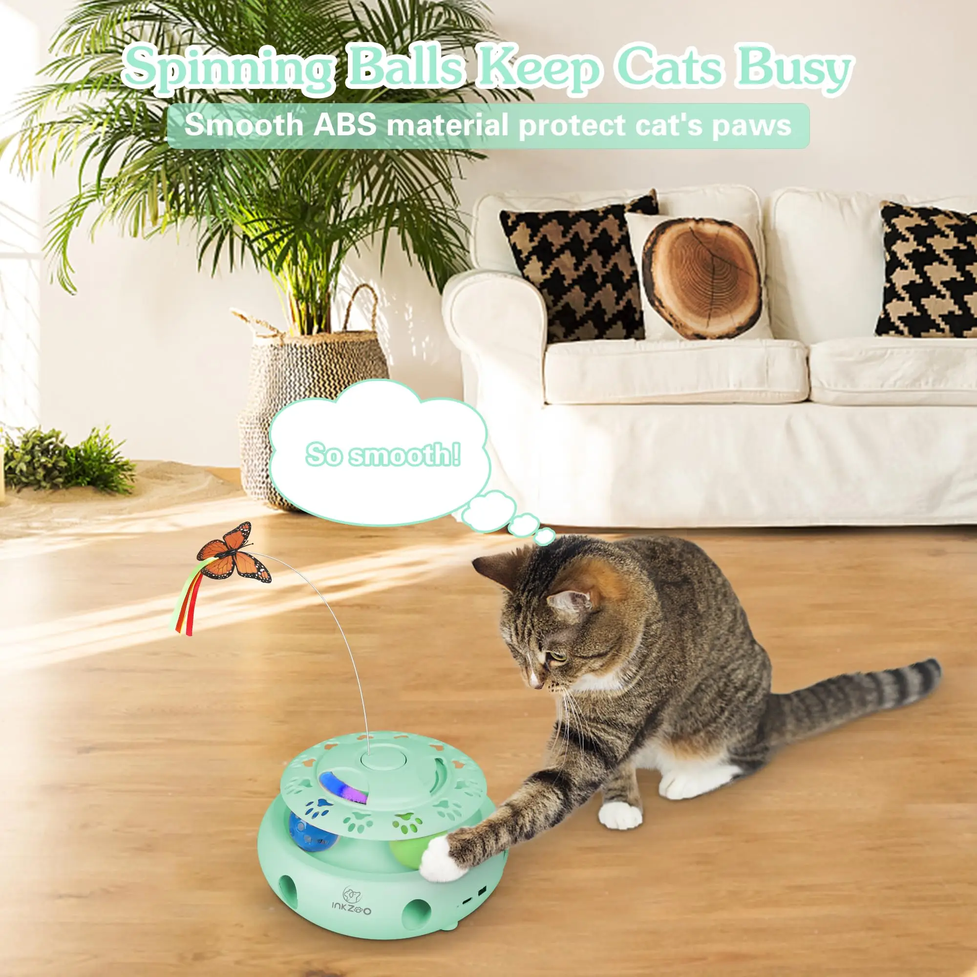 INKZOO Brinquedos interativos para gatos 4 em 1 para gatos internos, ratos automáticos de 6 furos Whack-A-Mole, borboleta esvoaçante, bolas de