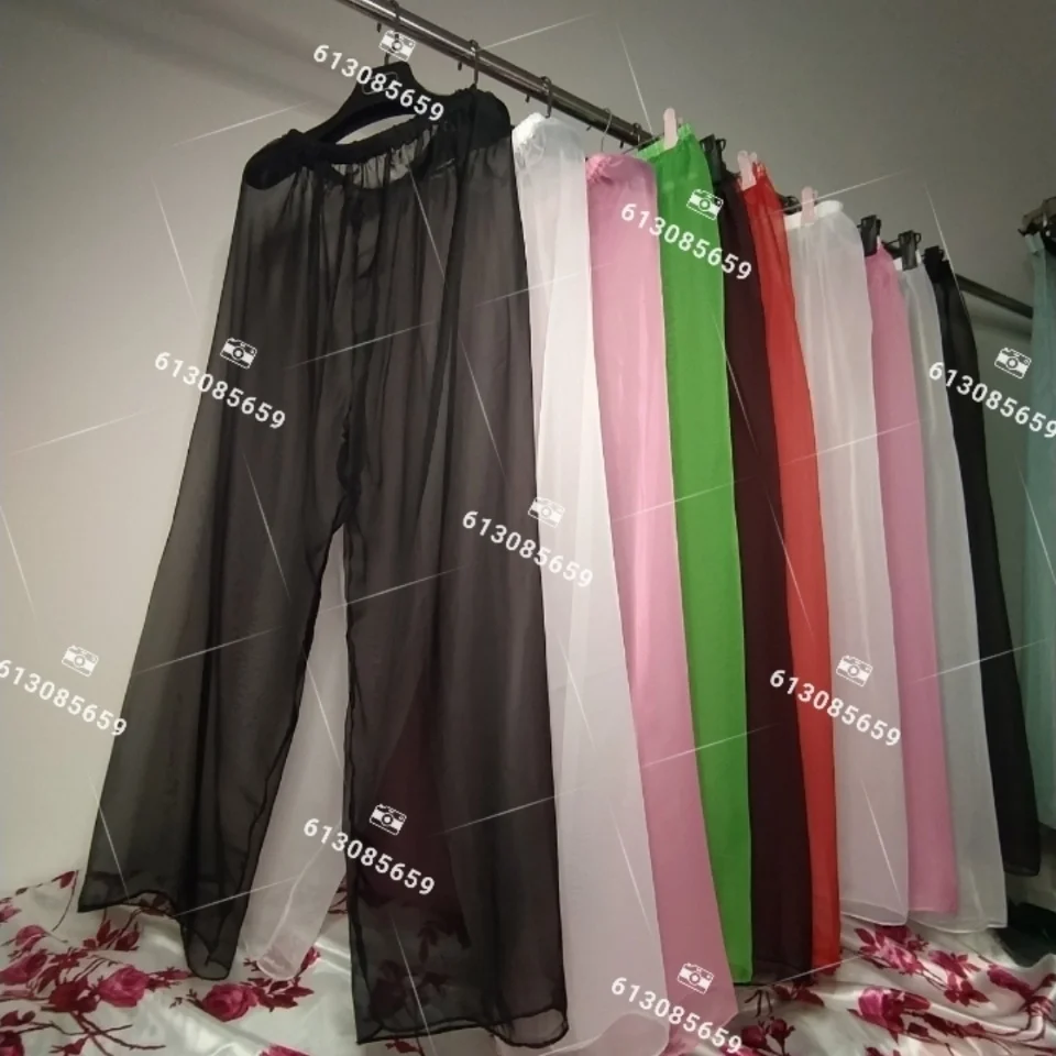 Summer spring mesh veil transparent wide leg pants Women seamless sheer silk thin plus size trousers sleeping bottoms