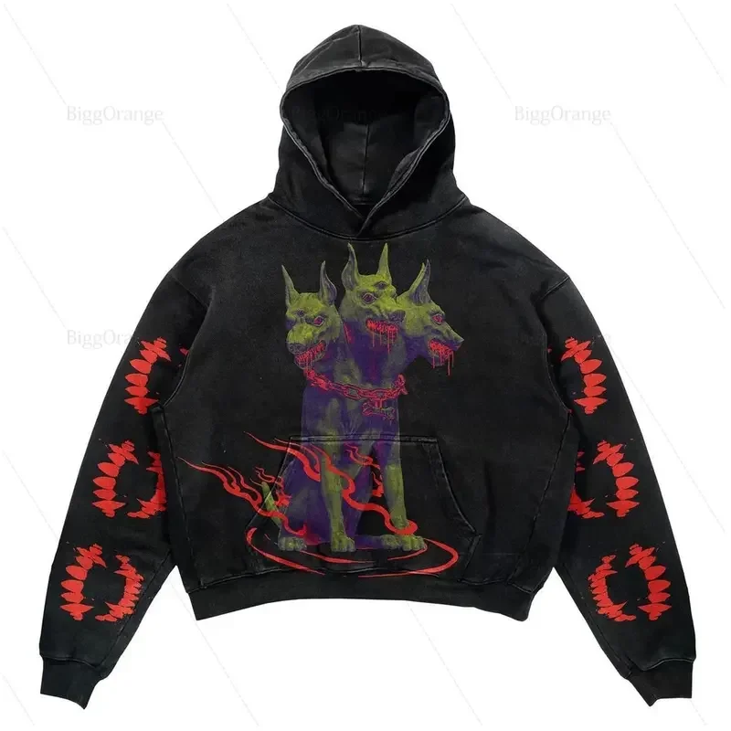 Popular Printing Design Happy Demon Dog Hoodies Women Retro Streetwear Casual Cotton Sweatshirts Couples Harajuku Goth Cloth MN5