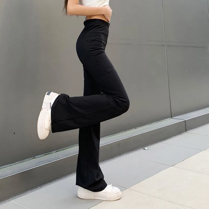 Pantalon évasé taille haute à jambes larges pour femme, streetwear décontracté, noir, hipster, été