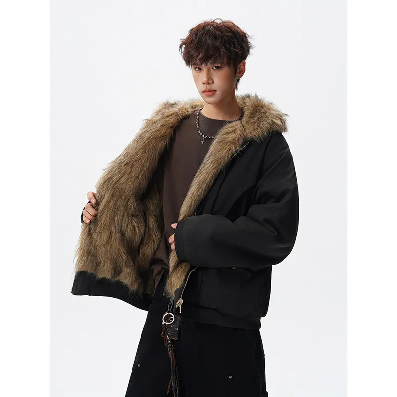 UETEEY Men's Reversible Wear Jacket Vintage Faux Fur Hairy Soft Hooded Coat Man Winter Plush Lined Warm Brown Fluffy Jackets Men