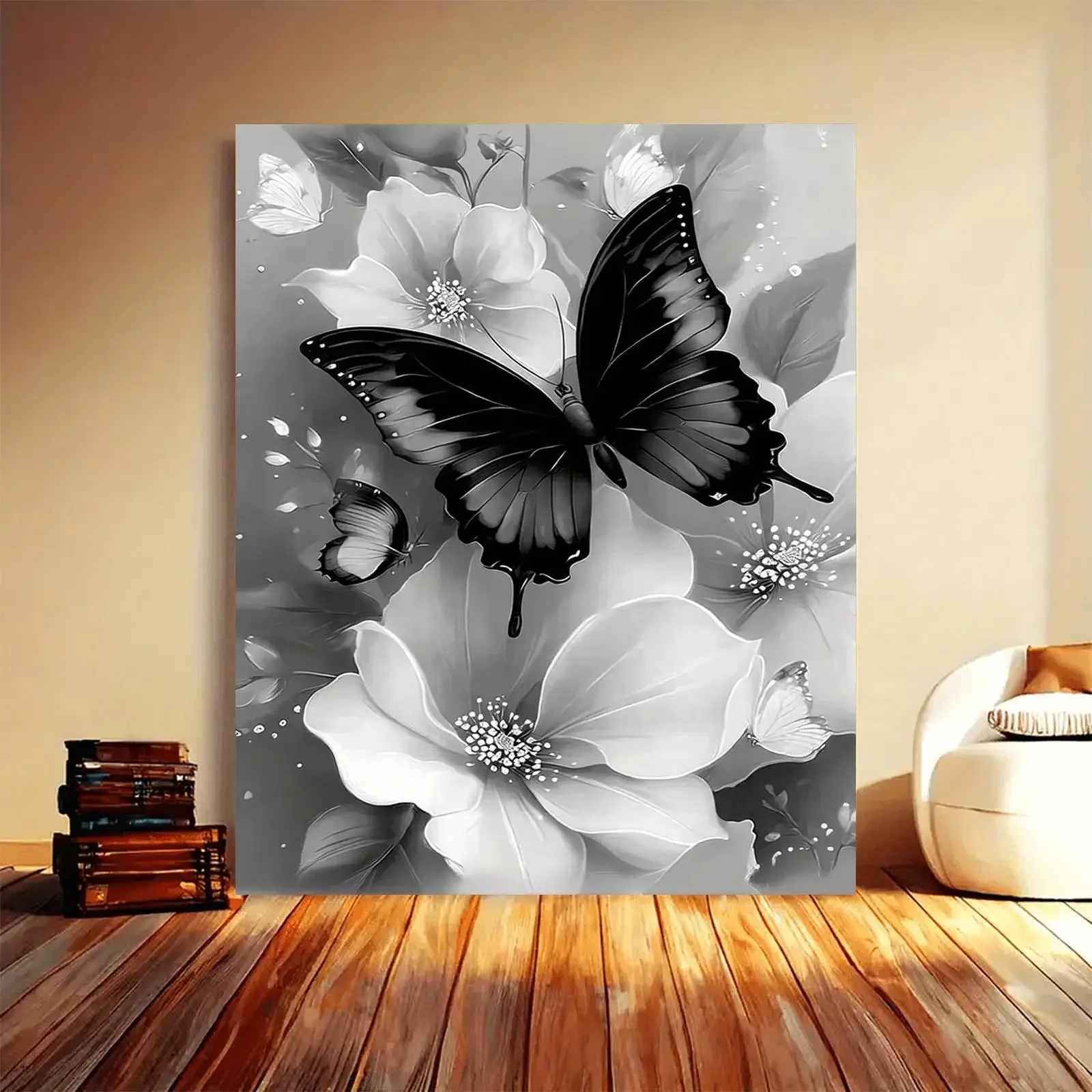 Adult Beginner Number Painting Set, Professional Art Use, | Black And White Flowers with Butterflies Flying Between | - Suitable
