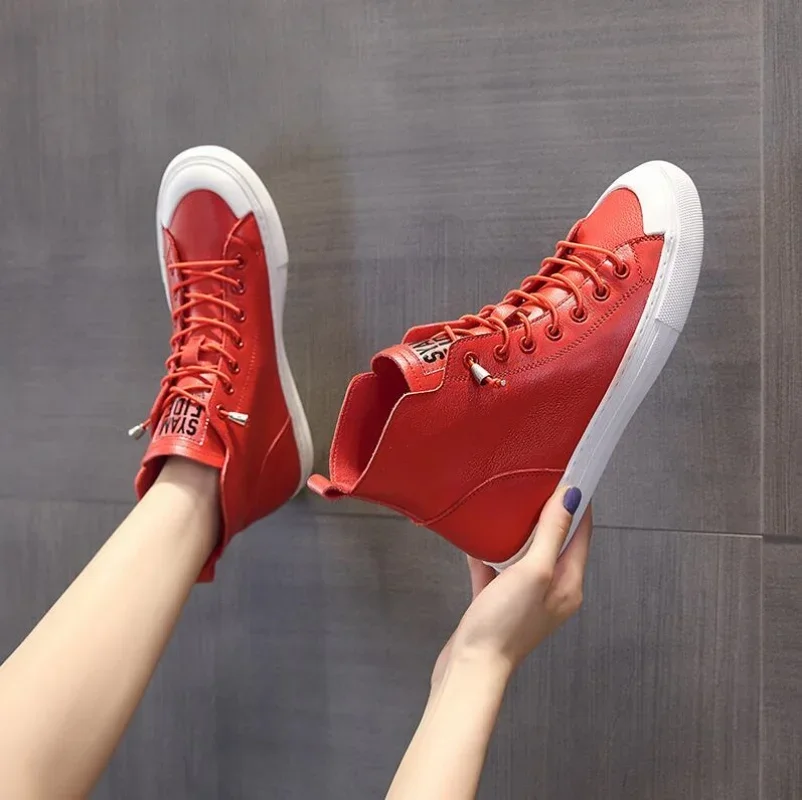 NEW High Quality Cowhide Leather Shoes Woman Shoes Casual Sneaker Trend Boots Flat Fashion Shoes Black White Red Boots image 5