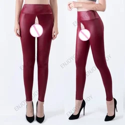 Cuero mate, medias elásticas invisibles con entrepierna abierta, mallas sexuales al aire libre para mujeres, pantalones ajustados de cintura alta para exoticismo, pantalones de cuero