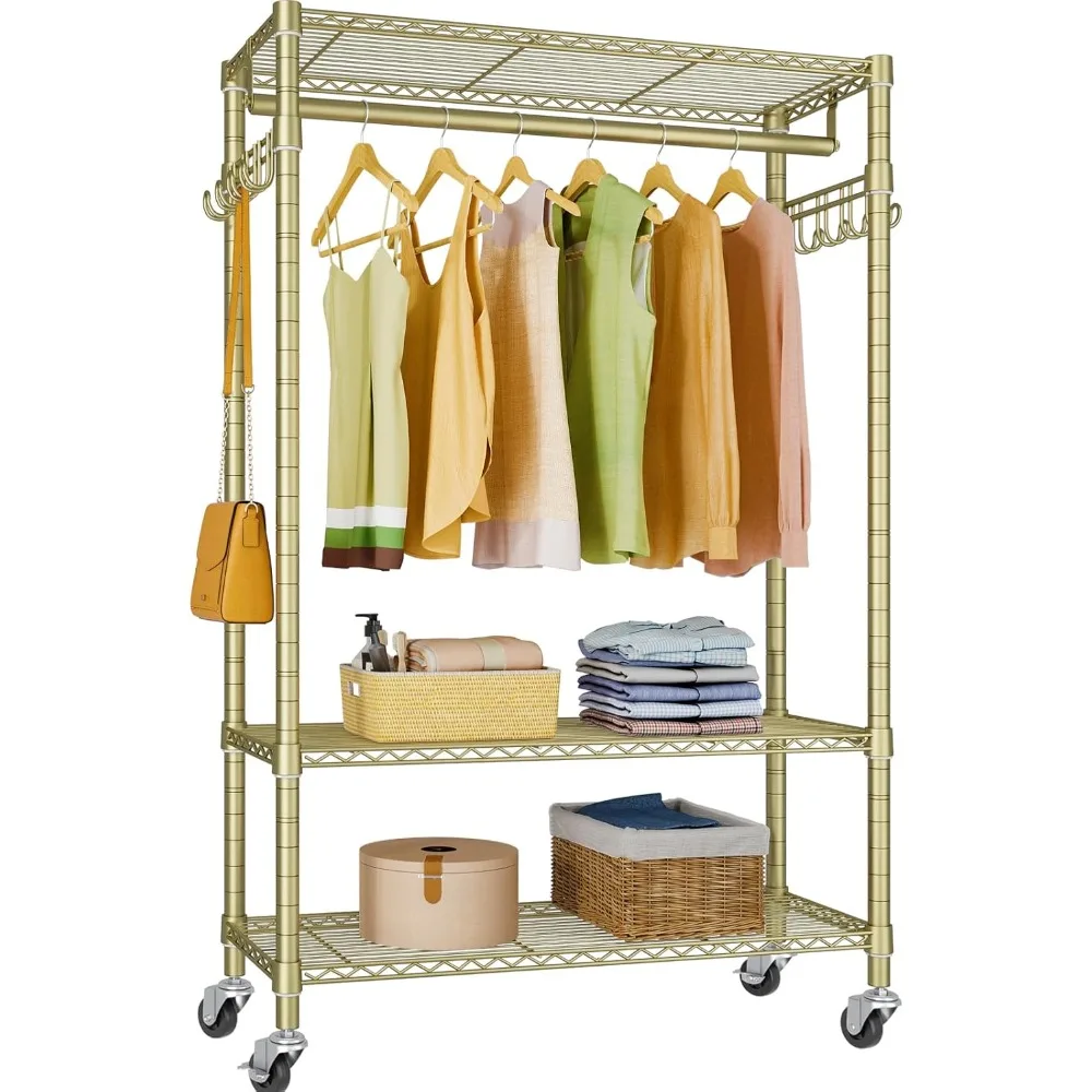 

Duty Clothes Rack with Lockable Wheels, Rolling Portable Closet with Adjustable Shelves & Hanging Rod & Side Hooks, Compact