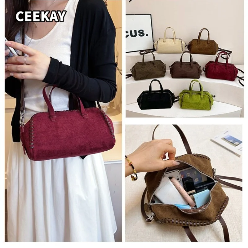 CEEKAY Women's Shoulder Bag Green Faux Suede Stitching Edge Detail Dual Handle Versatile Everyday Commute Casual Style
