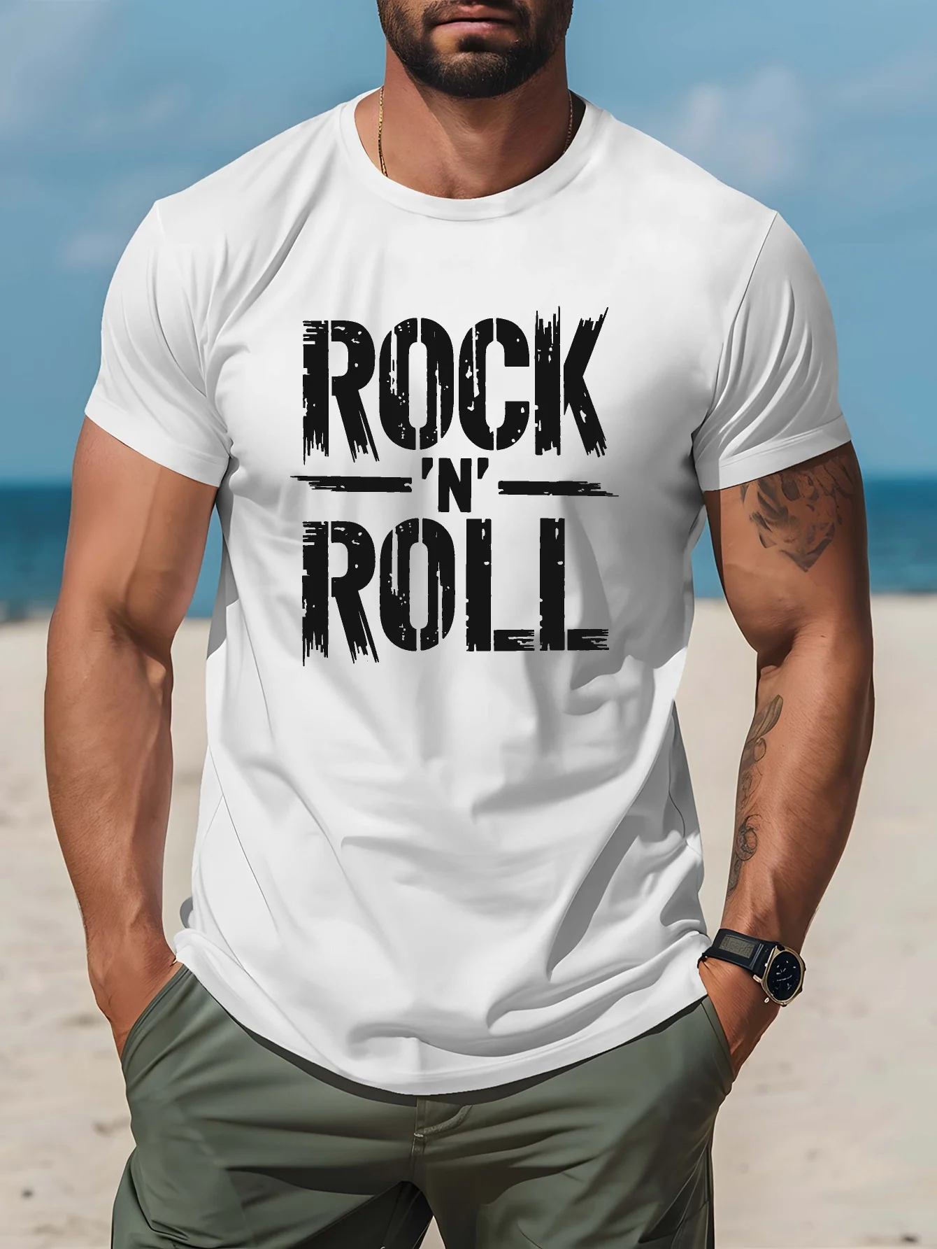 Vintage Rock N Roll Worn Print Graphic Mens T Shirt Classic Rock Music Short Sleeve Crew Neck Cotton Casual Daily Tee