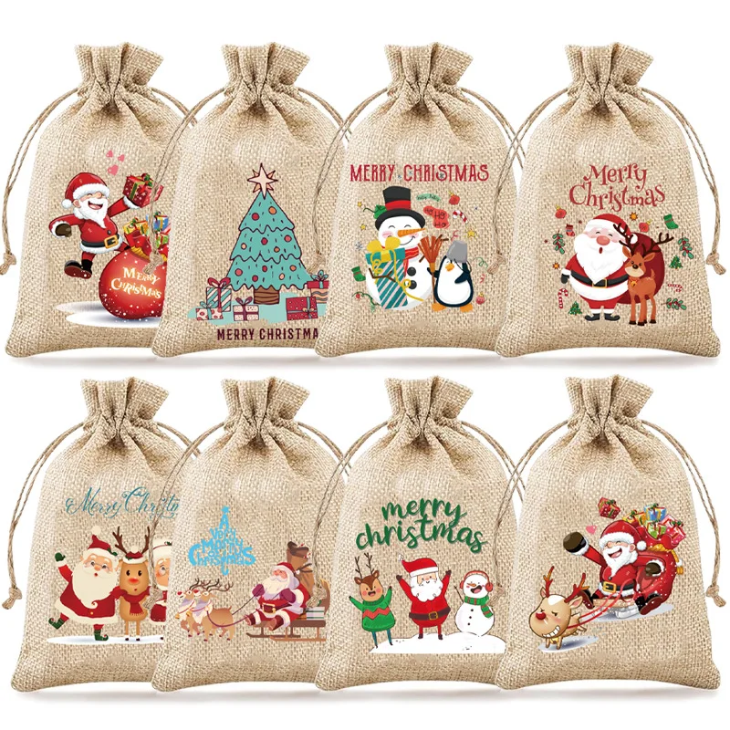 50pcs/lot 10*15cm Christmas Santa Claus Sack Linen Drawstring Bags Children's Party Candy Gift Storage Pouches Packaging Bag