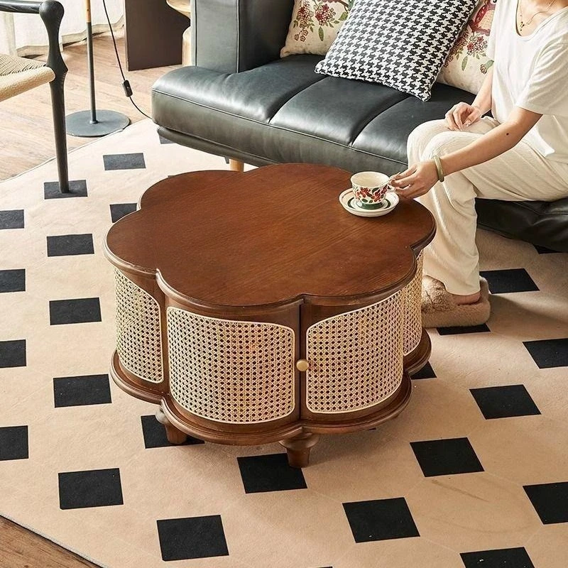 Solid wood retro rattan flower coffee table small apartment household simple living room round
