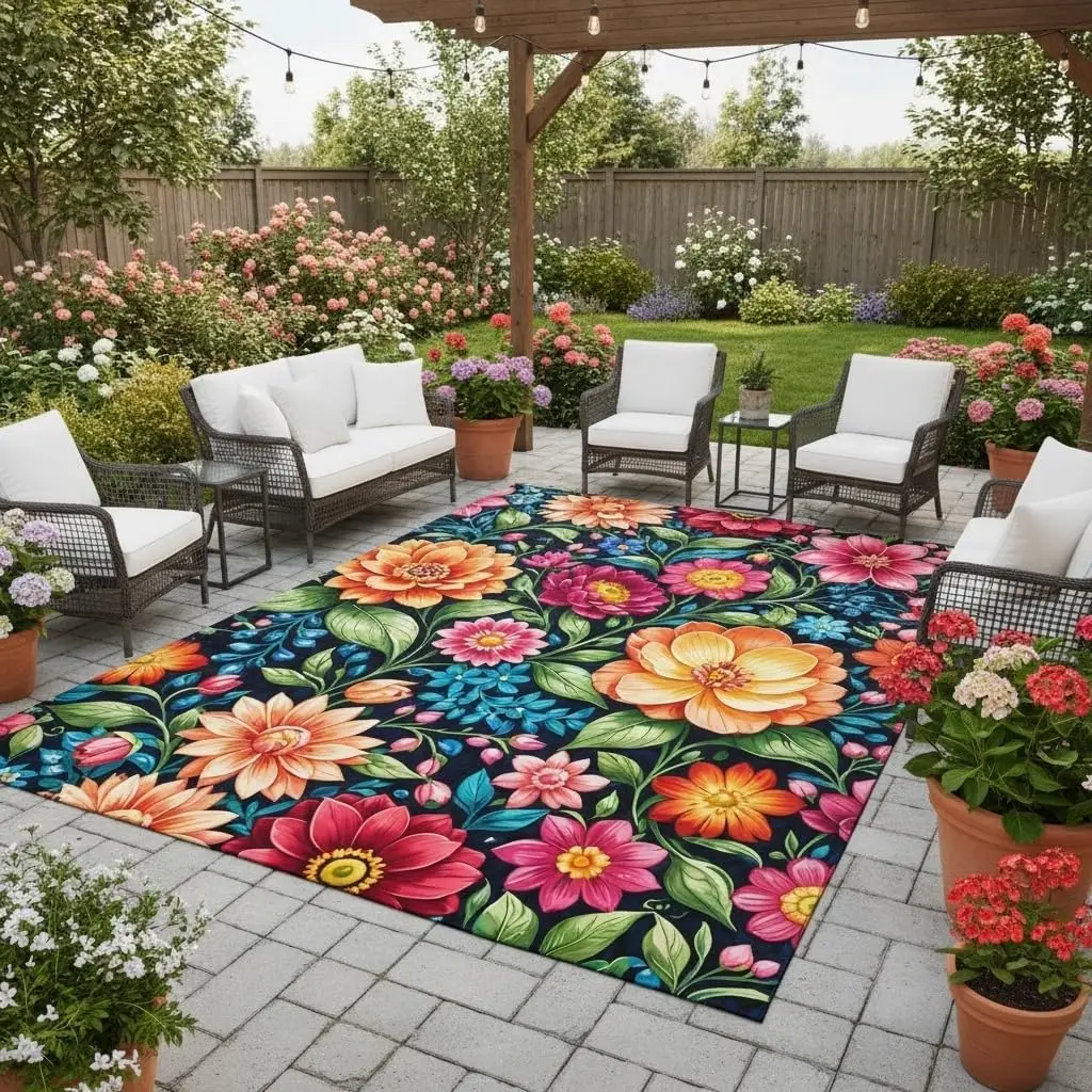 Retro Botanical Floral Outdoor Area Rug 3D Multicolor Blooming Flowers Outside Carpet for Backyard Courtyard Garden Spring Summe